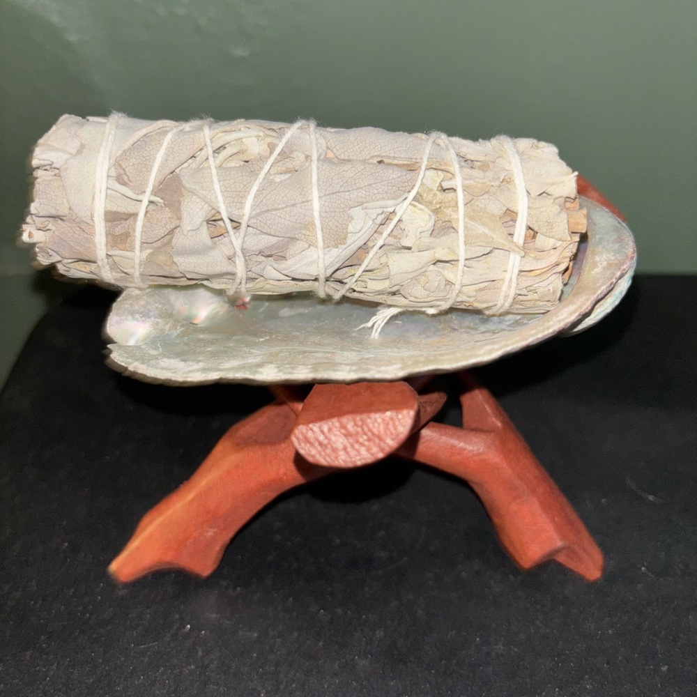 sage smudge bundle abalone shell, tripod stand energy clearing